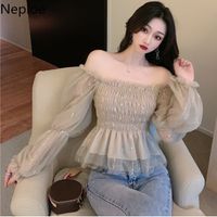 Wholesale Neploe Chiffon Blouse Women Temperament Chic Korean Bling Blusas Gauze Puff Sleeve Short Shirts Chic Square Collar Pleated Tops