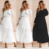 Wholesale Casual Dresses High Quality Hollow Out Lace White Black Full Dress Sexy Women Fashion Party Semi Sheer Slash Neck Long Sleeve Maxi