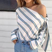 Wholesale Women s Blouses Shirts Blue Striped One Shoulder Top Summer Sexy Bow Blouse Skew Collar Long Sleeve Female Shirt Womens Tops And
