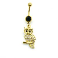 Wholesale Body Piercing Gold Plated Belly Button Rings L Stainless Steel Barbells White Rhinestone Owl Navel Rings Jewelry
