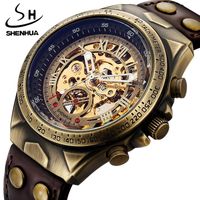 Wholesale Wristwatches SHENHUA Luxury Self Wind Tachymeter Skeleton Steampunk Vintage Bronze Buckle Automatic Mechanical Clock Gift Watch Men Reloj
