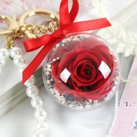 Wholesale Eternal Flower Keychain Clear Acrylic Ball Transparent Sphere CM Rose Key Ring Valentines Gift Wedding Favors HWD12735