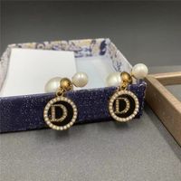Wholesale ED001 Fashion Pearl Diamond D shaped Stud Earrings with Gift Box for Women Good Quality Studs In Stock