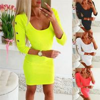 Wholesale 2021 Sexy Women Ladies Long Sleeve Solid Party Evening O neck Buttons Hollow Out Bodycon Pencil Occasion Mini Dress