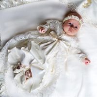 Wholesale Casual Dresses Baby Girl Christening Long Sleeves Floor Length Lace Baptism Gowns With Headpiece