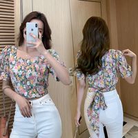 Wholesale Women s Blouses Shirts Summer Fashion Brand French Floral Short sleeved Retro Dress Oil Painting Halter Bow knot Chiffon Top Slim Ski