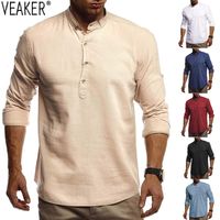 Wholesale 2019 Autumn New Mens Mandarin Collar Linen T shirts Male Solid Color Long Sleeve Linen Cotton T shirt Men Slim Fit Tops tshirt
