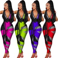 Wholesale Streetwear Color Blocking Rompers Womens Jumpsuit Sleeveless Deep V Neck One Piece Overall Summer Bow Tie Party Body Suits