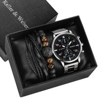 Wholesale Wristwatches Men s Watches Bead Bracelet Set Casual Business Steel Band Watch Quartz Sport Digital Dial Wristwatch Gift Box Package
