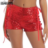 Wholesale Shiny Sequins Side Lace Up Hot Sexy Mini Shorts Women Stage Performance Costume Nightclub Party Festival Rave Pole Dance Clothes Y0625