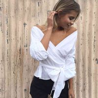 Wholesale Sexy Off Shoulder Blouse Women White Shirt Puff Sleeve Deep V Neck Blouses With Sash Female Plaid Shirt Summer Strappy Short Top X0521