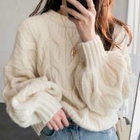 Wholesale Women s Sweaters Vintage basic jersey female blouse with flashlight sleeve round collar short jumper for autumn and winter KBDN