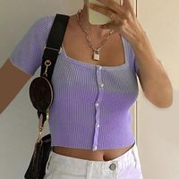 Wholesale Women s T Shirt MONMOIRA Solid Pearl Milkmaid Crop Tops Women French Retro Stretch Tee Shirts Ladies Square cut Collar Cwt0482