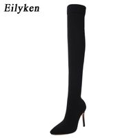 Wholesale Eilyken Fashion Stretch Fabric Sock Boots Pointy Toe Over the Knee Heel Thigh High Pointed Toe Woman Boot size FET33