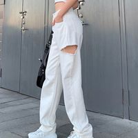 Wholesale Men s Jeans Women High Waist White Maxi Baggy Side Ripped Hole Denim Straight Pants Harajuku Hip Hop Casual Loose Trousers OLT7