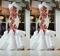 Wholesale Gorgeous Red and White D Floral Flowers Mermaid Wedding Dress Sweetheart Satin Beading Ruched South Arabic Country Designer African Court Train Bridal Gowns
