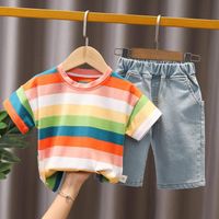 Wholesale Clothing Sets Children Suit Summer Baby Boys Girls Strips Rainbow T Shirt Short Jeans Sets Kids Infant Fashion Clothes Toddler Sportswe