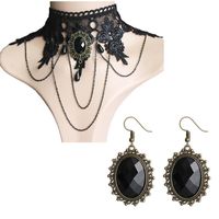 Wholesale 2 Women Gothic Jewelry Set Vintage Black Lace Choker Necklace Ring Hand Bracelet Drop Earrings Party Jewellery Accessories Chokers