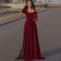 Wholesale Burgundy Velvet Caftan Evening Long Sleeve Black Lace Dubai Formal Party Gowns Longo Prom Gowns