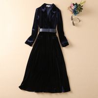 Wholesale 2021 Fall Autumn Luxury Long Sleeve Dress Navy Blue Solid Color V Neck Belted Mid Calf Dresses S2815