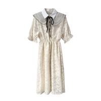 Wholesale PERHAPS U Women White Crochet Lace Polka Dot Peter Pan Collar Bow Dress Short Sleeve Empire Knee Length Dress Summer D2673