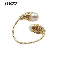 Wholesale Cluster Rings WT R342 Double Wire Wrapped Pearl Ring Metal Electroplated Adjustable Gold Geometric Shape Elegant For Women Jewelry