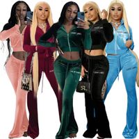 Wholesale Letter Embroidery Velvet Tracksuits Women s Suit Long Sleeve Workout Crop Jackets and Bell Bottom Trouser Velour Clothing New