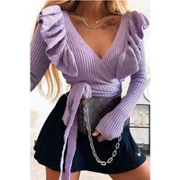 Wholesale knitted ruffle v neck sweater cardigans plus size women lace up purple casual chic streetstyle cropped