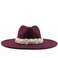 Wholesale Stingy Brim Hats Women Fedora Hat With Pearls Woman Formal Top Ladies Large Felt Fedoras Female Big Cap Jazz Panama Caps
