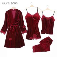 Wholesale JULY S SONG Women Winter Velvet Piece Sexy Set Dressing Gown Lace Sling Shorts Warm Robe Sleepwear Woman Pajamas