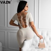 Wholesale Women s Jumpsuits Rompers VAZN European Sexy Summer Lady White Black Solid Slim Playsuit Short Sleeve Square Neck Backless Lace Up Pl