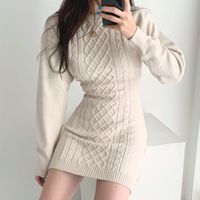 Wholesale Casual Dresses Ins Autumn And Winter Temperament Round Neck Rhombic Pattern Careful Machine Backless Slim Wrap Hip Knitted Dress Women
