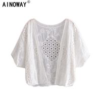 Wholesale vintage chic women white lace embroidery blouses loose crop top cardigan short sleeve boho shirts blusas