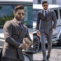 Wholesale Two piece Gray Cotton Blend Wedding Tuxedo Notched Lapel Double Breasted Formal Men Suits Stripe Custom Made Bridegroom Blazer Q5X5