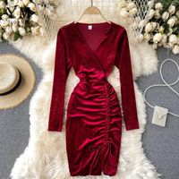 Wholesale Casual Dresses YuooMuoo Long Sleeve V neck Drawstring Package Hips Sexy Mini Dress Autumn Women Red Black Bling Velvet Party