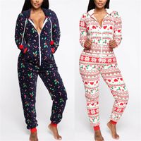 Wholesale Women s Christmas Jumpsuit Auutmn Winter Warm Long Sleeve Pajamas Printed Sleepwear Xmas Hooded Nightwear Pyjamas