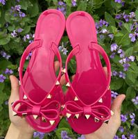Wholesale 9colors Fashion new Woman Sandals Flip Flops Summer Cool Beach Rivets big bow flat sandal Brand jelly shoes girls size