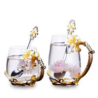 Wholesale Wine Glasses Enamel Glass Cup Pink Yellow Lily Flower Handgrip Style Coffee Tea Heat Resistant Water Drinkware Lovers