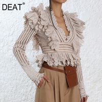 Wholesale DEAT summer fashion women printed vintage styles ruffles pleated lace hollow out sexy top female high waist T ee WR