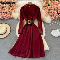 Wholesale Casual Dresses SEENIMOE Autumn And Winter Women Hepburn Style Romantic Solid Tunic Dress Black Thin Retro Collar Velvet Long Evening