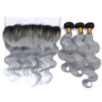 Wholesale Virgin Peruvian B Grey Two Tone Body Wave Human Hair Weaves With Full Lace Frontal Closure Silver Gray b Ombre Hair Bundles Jtbnv