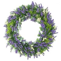 Wholesale Lavender Wreaths Artificial Green Leaves Wreath For Arrangements Front Door Wall Farmhouse Home Decor Fall Round Purple Decorative Flowers