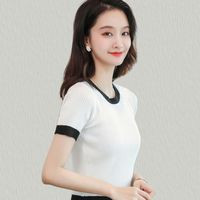 Wholesale Women s T Shirt Casual T shirts Women Clothing Stitching Color Tees Top Screw Thread Basic Crop Ladies O Neck Short Sleeves Blusas Female