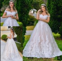 Wholesale 2021 new arrival Off the Shoulder Chic A Line Wedding Dress Elegant Lace Applique Princess Custom Made Sweep Train Bridal Gowns corset with sashes bride dresses