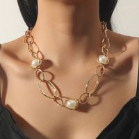 Wholesale Chains Fashion Ladies Necklace Single Layer Round Chain Stitching Pearl Pendant Short Necklaces Choker Gold Women Party Gifts Jewelry