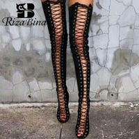 Wholesale Boots RizaBina Summer Thigh High Hollow Out Roman Style Over The Knee Shoes Women Peep Toe Heel Footwear Size