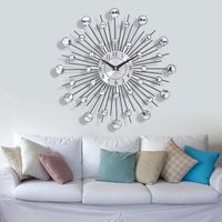 Wholesale 33CM Silver Crystal Beaded Jeweled Round Sunburst Metal DIY Large Morden Wall Clock Design Home Rooms Office Decor