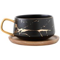 Wholesale 300ml Luxury Matte Ceramic Marble Tea Coffee Cups And With Wood Saucers Black White Gold Inlay