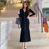Wholesale Casual Dresses Autumn And Winter Korean Style Elegant V neck Mermaid Long Dress Women Single Breasted Sexy Knit Sweater