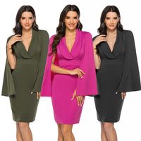 Wholesale Autumn and winter women s wing type bat sleeve V neck sexy evening slim fitting dress